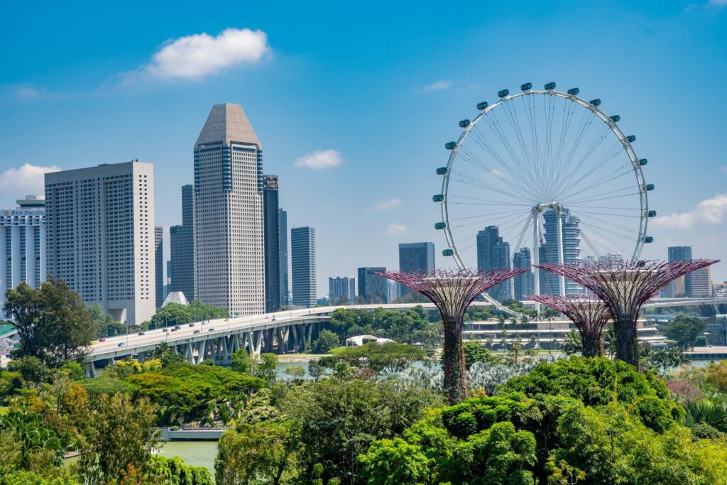 A imagem mostra uma vista diurna dos Gardens by the Bay em Singapura. Em primeiro plano, há árvores e folhagem densa. Acima da vegetação, duas das estruturas futuristas "Supertrees" são proeminentes, com suas copas em forma de dossel. À direita, uma grande roda-gigante (Singapore Flyer) se eleva. No plano de fundo, uma cidade moderna com vários arranha-céus cinzentos e uma ponte de concreto com tráfego são visíveis, tudo sob um céu azul claro com poucas nuvens.