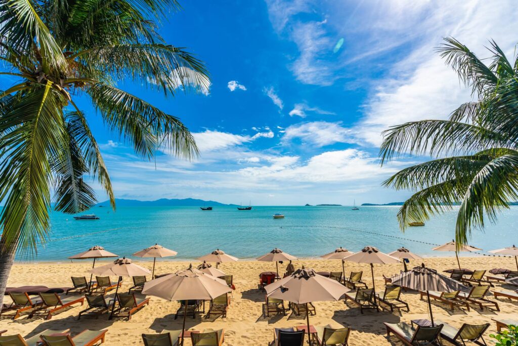A foto destaca uma praia tropical de areia dourada no Caribe, cercada por palmeiras e fileiras de espreguiçadeiras com guarda-sóis bege voltados para águas calmas e cristalinas; barcos de passeio repousam ao fundo, compondo um cenário perfeito para relaxar, tomar sol e praticar esportes náuticos. Palavras-chave: praia caribenha, mar turquesa, palmeiras tropicais, destino paradisíaco, viagem ao Caribe.